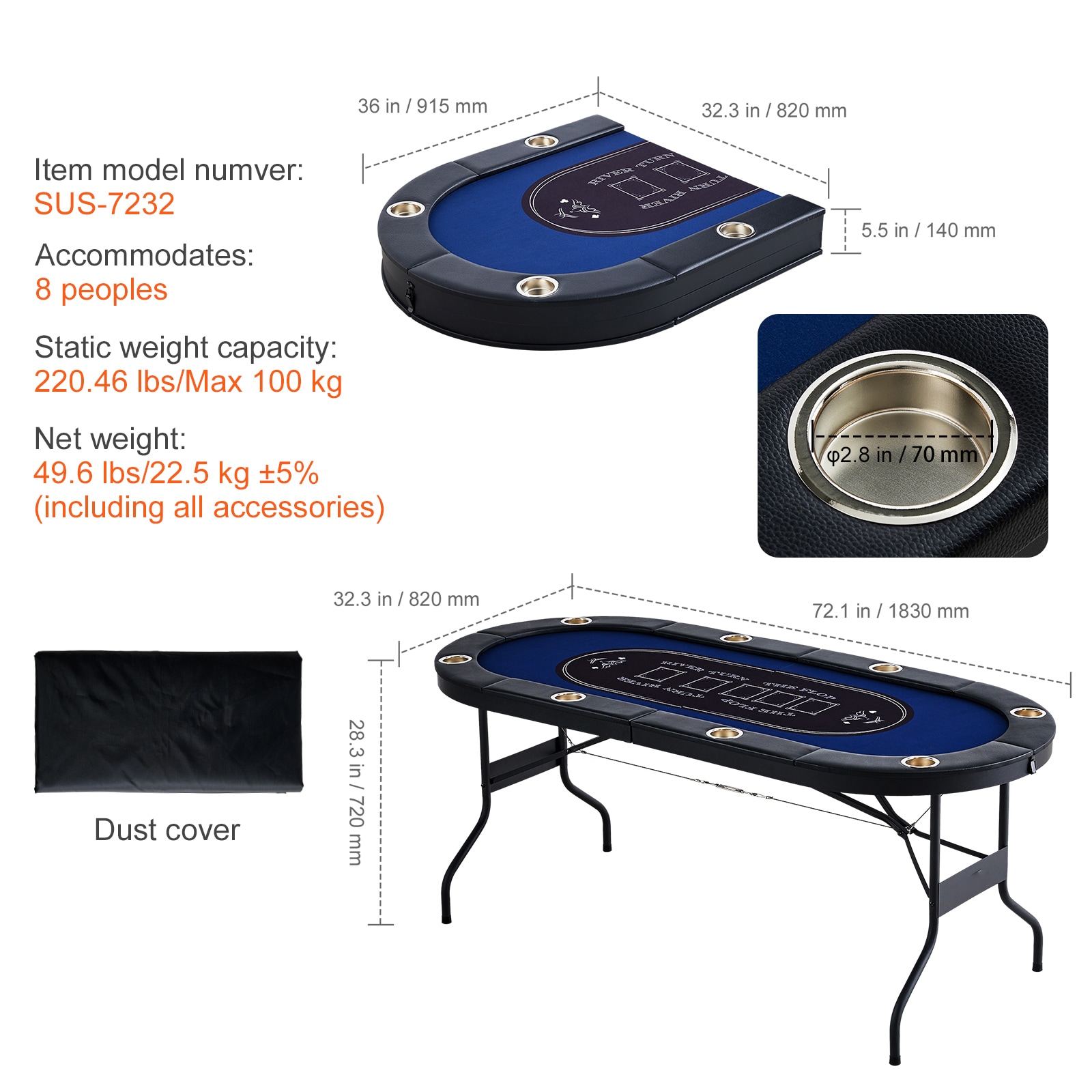 8 Player Poker Table With Padded Rails And Steel Cup Holders_voghion.com